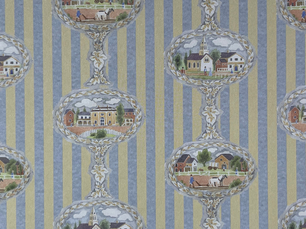 1:12 scale miniature country village medallion striped wallpaper in blue and tan with oval cottage scenes