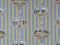 1:12 scale miniature country village medallion striped wallpaper in blue and tan with oval cottage scenes