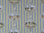 1:12 scale miniature country village medallion striped wallpaper in blue and tan with oval cottage scenes