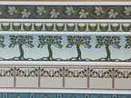 1:12 scale miniature Arts and Crafts wallpaper border sheet, 15 strips in 5 designs, tree and floral bands in green and blue