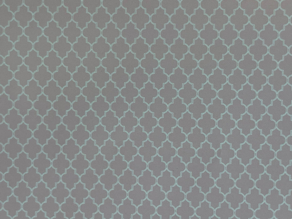 1:12 scale miniature gray trellis pattern wallpaper sheet, close view of the repeating lattice design