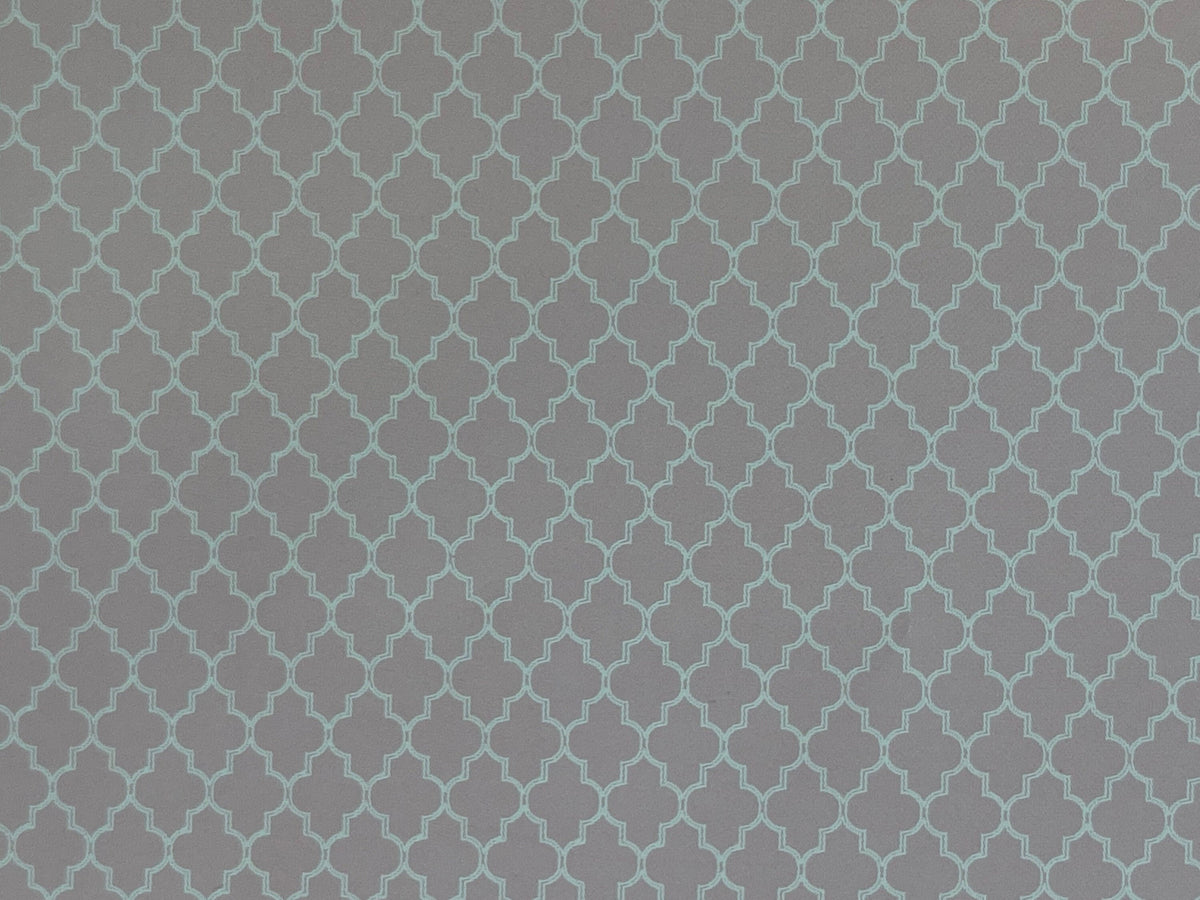 1:12 scale miniature gray trellis pattern wallpaper sheet, close view of the repeating lattice design