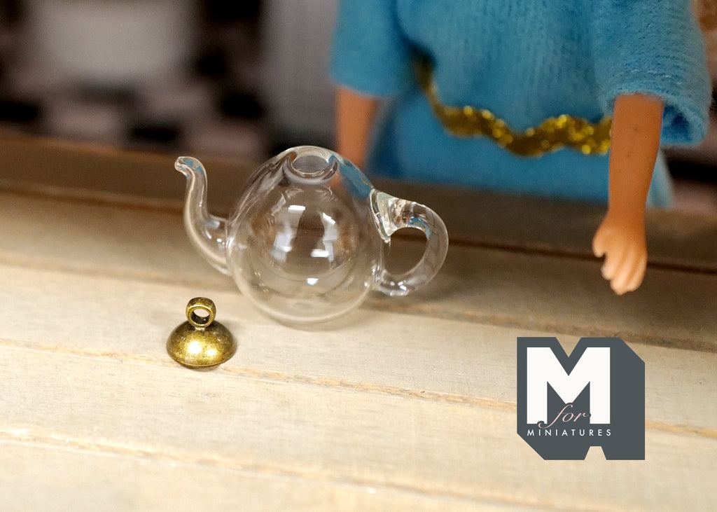 1:12 Scale Miniature Glass Teapot with Metal Lid, 1-1/4 inch wide, DIY Dollhouse Supply