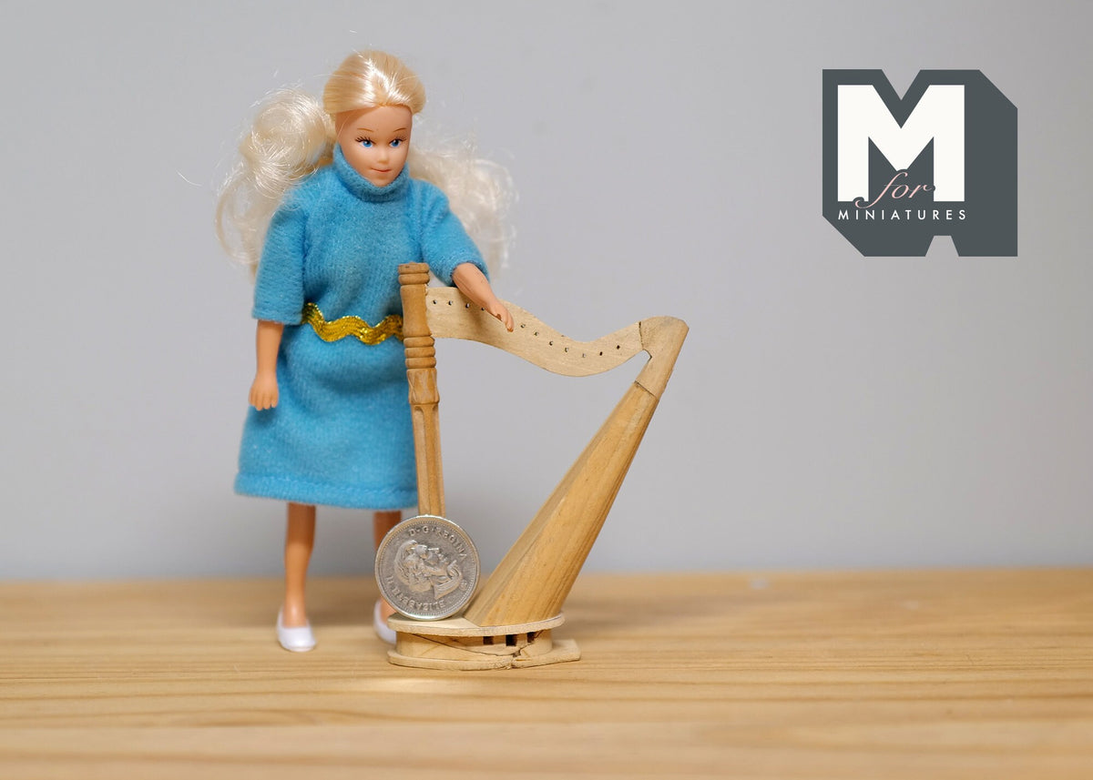 1:12 Scale Miniature Lever Harp, Unstrung Celtic Harp, Unfinished, Ready to Paint, 3-9/16 inch tall, Dollhouse Craft Supply
