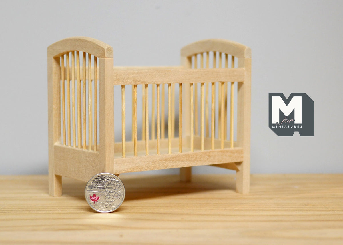 1:12 Scale Miniature Unpainted Wood Baby Crib, Spindle Sides, 4-7/16 inch long, DIY Dollhouse Supply