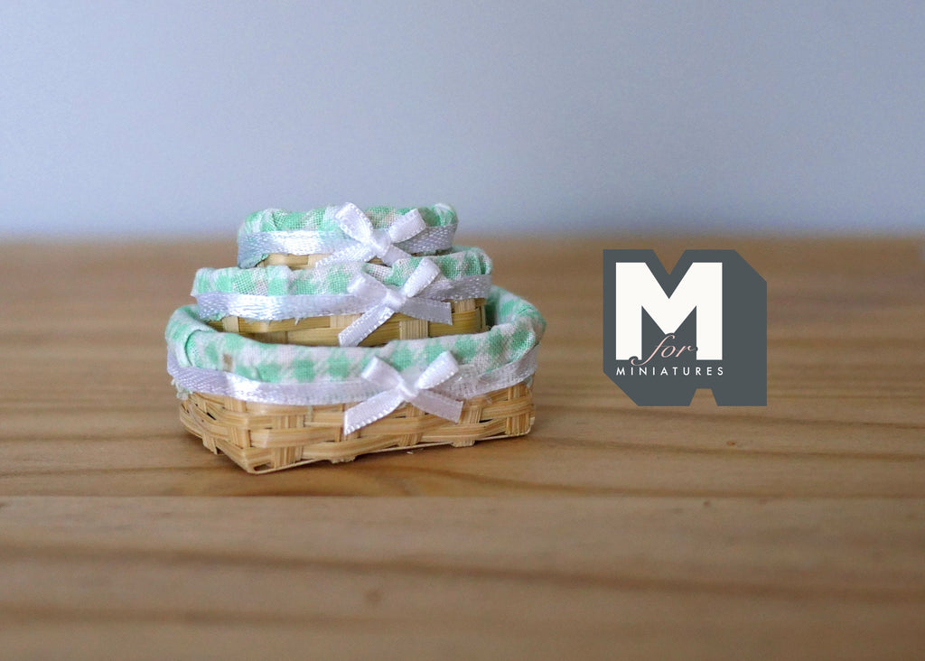 1:12 scale miniature bamboo bread baskets with mint green gingham lining and white bows, set of 3, shown nested