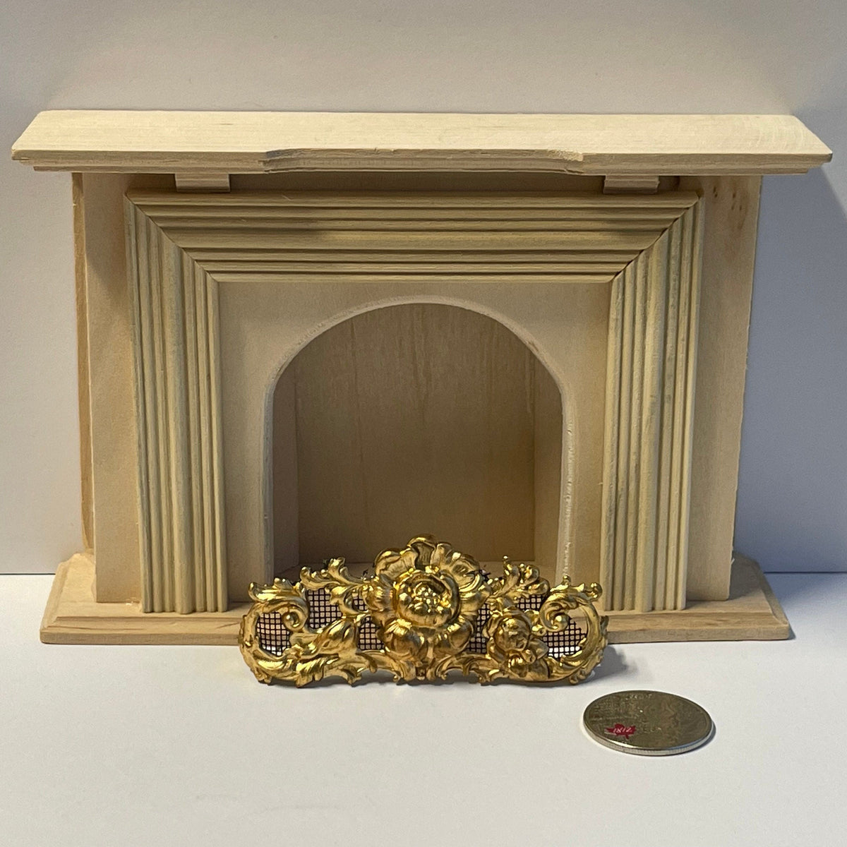 1:12 Scale Miniature Metal Fireplace Screen, Scroll and Rose Filigree, 2-7/8 inch wide, DIY Dollhouse Supply (gold)