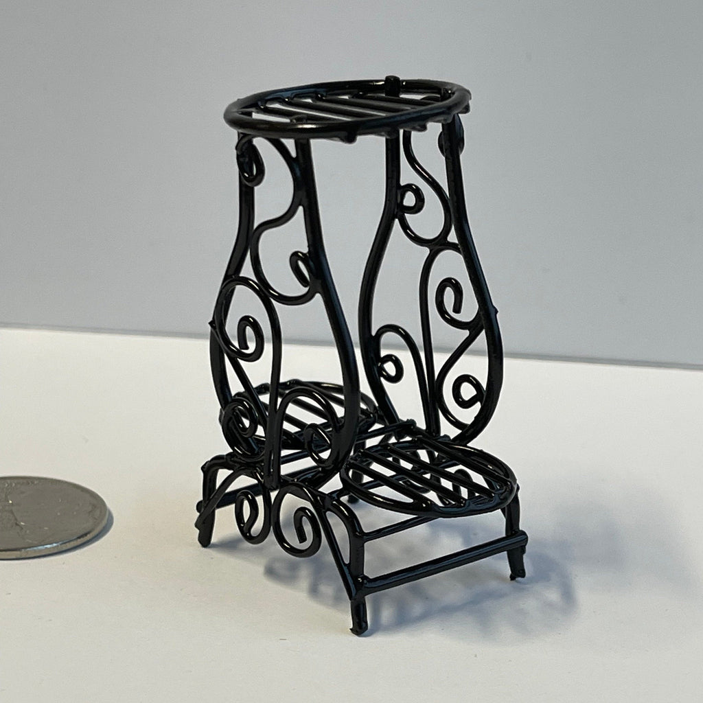 1:12 Scale Miniature Metal Wire Plant Stand, 2 Tier Scroll Design for 3 Pots, 2-1/4 inch tall, DIY Dollhouse Supply (black)