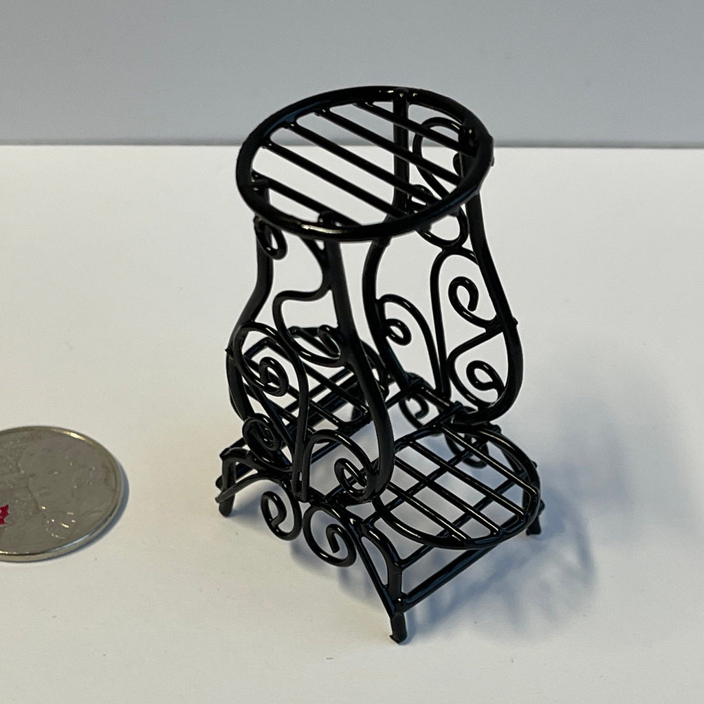 1:12 Scale Miniature Metal Wire Plant Stand, 2 Tier Scroll Design for 3 Pots, 2-1/4 inch tall, DIY Dollhouse Supply (black)
