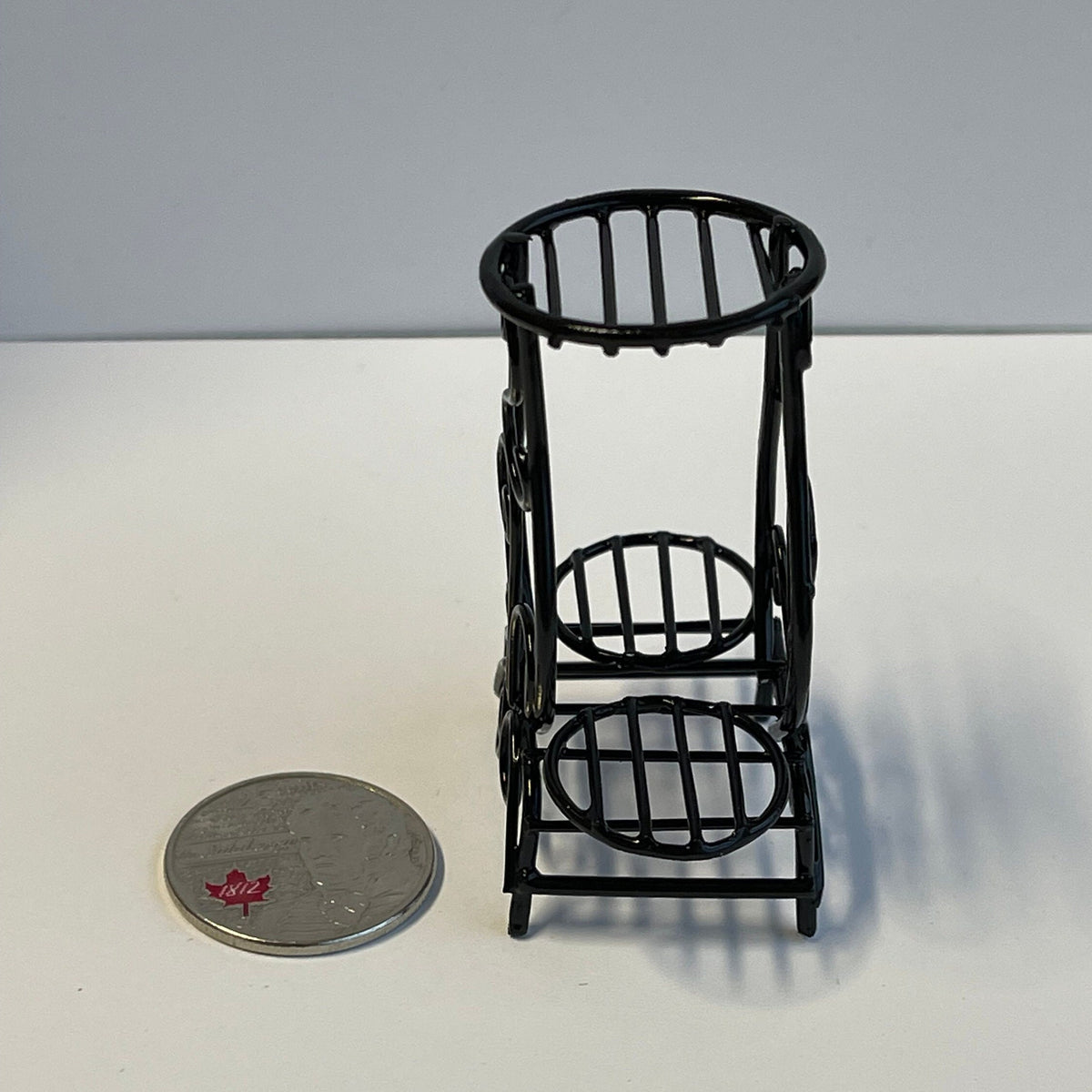 1:12 Scale Miniature Metal Wire Plant Stand, 2 Tier Scroll Design for 3 Pots, 2-1/4 inch tall, DIY Dollhouse Supply (black)