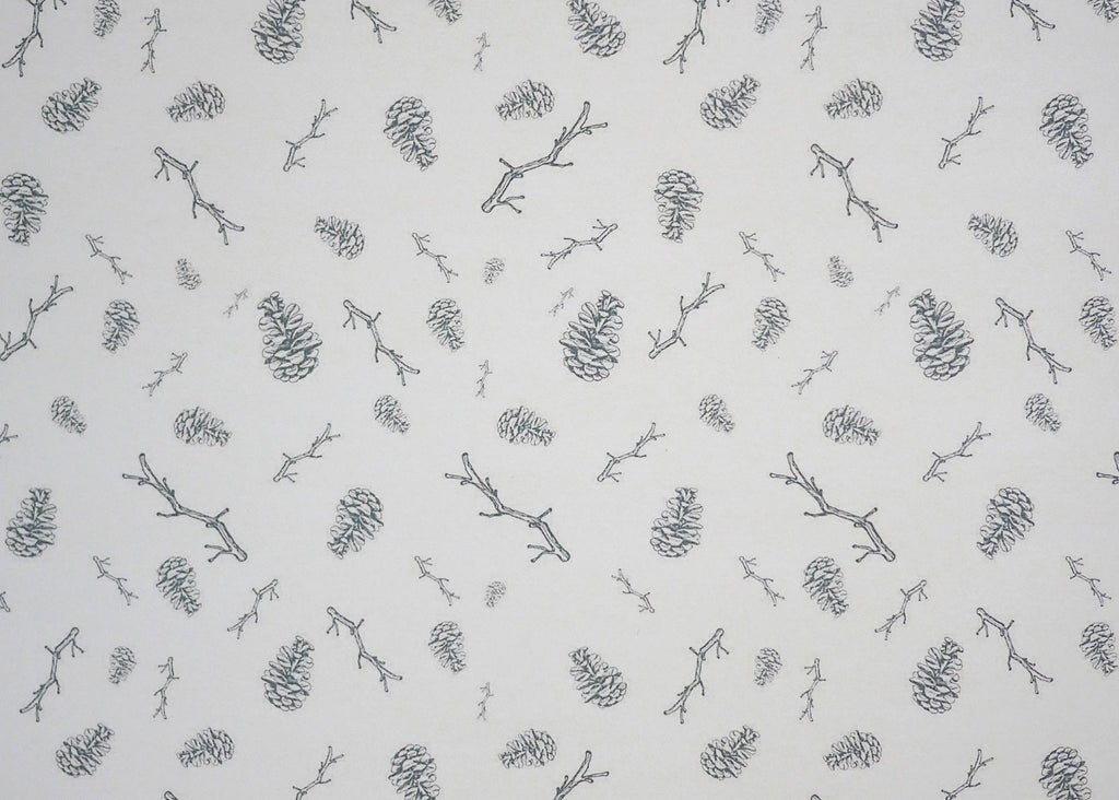 1:12 scale miniature white leaf sprig peel and stick wallpaper with gray pine cones and twigs, close view