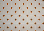 1:12 scale miniature diamond dot peel and stick floor tile paper, glossy white octagon tiles with orange brown diamond dots