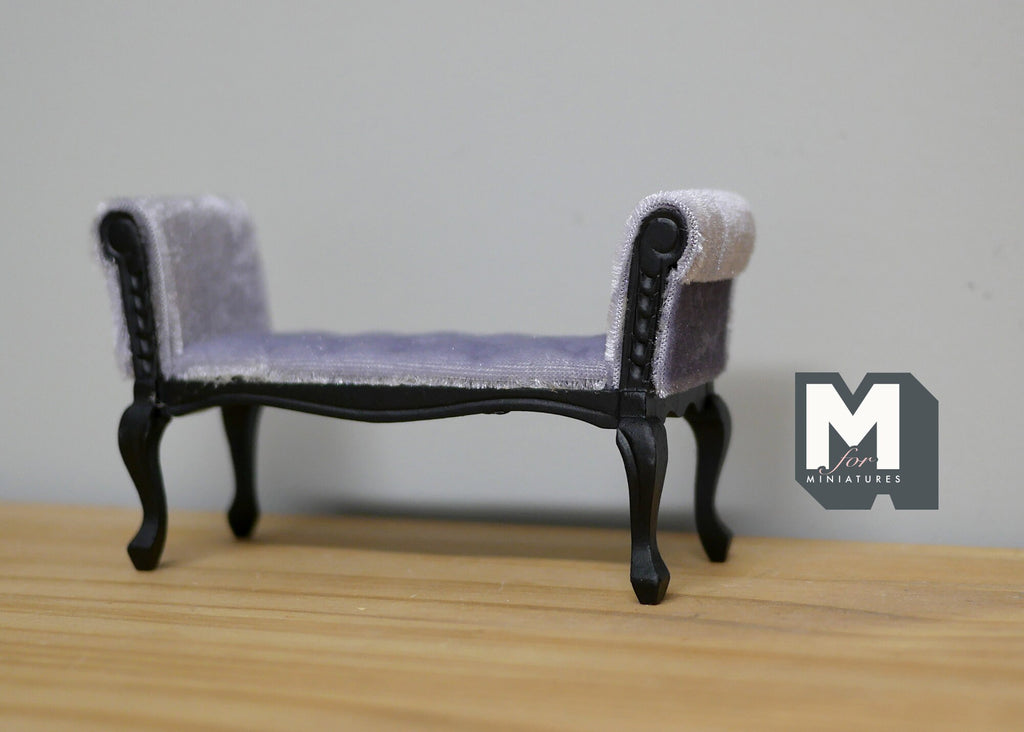 1:12 Scale Miniature Upholstered Chaise Bench, Carved Wood Frame, 4-7/16 inch long, DIY Dollhouse Supply (lavender and black)