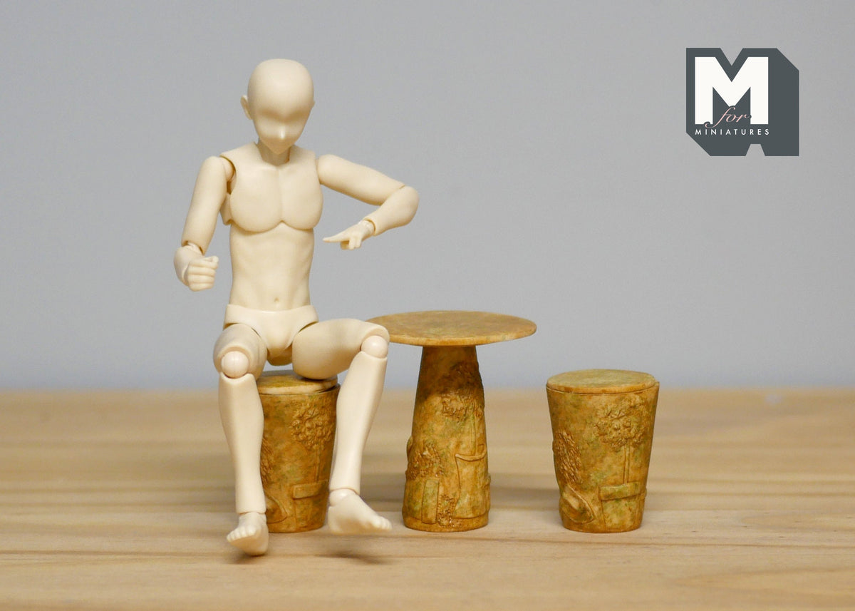 1:12 Scale Miniature Stone Look Garden Table and Stools, Set of 3, 1-15/16 inch tall, DIY Dollhouse Supply (amber)