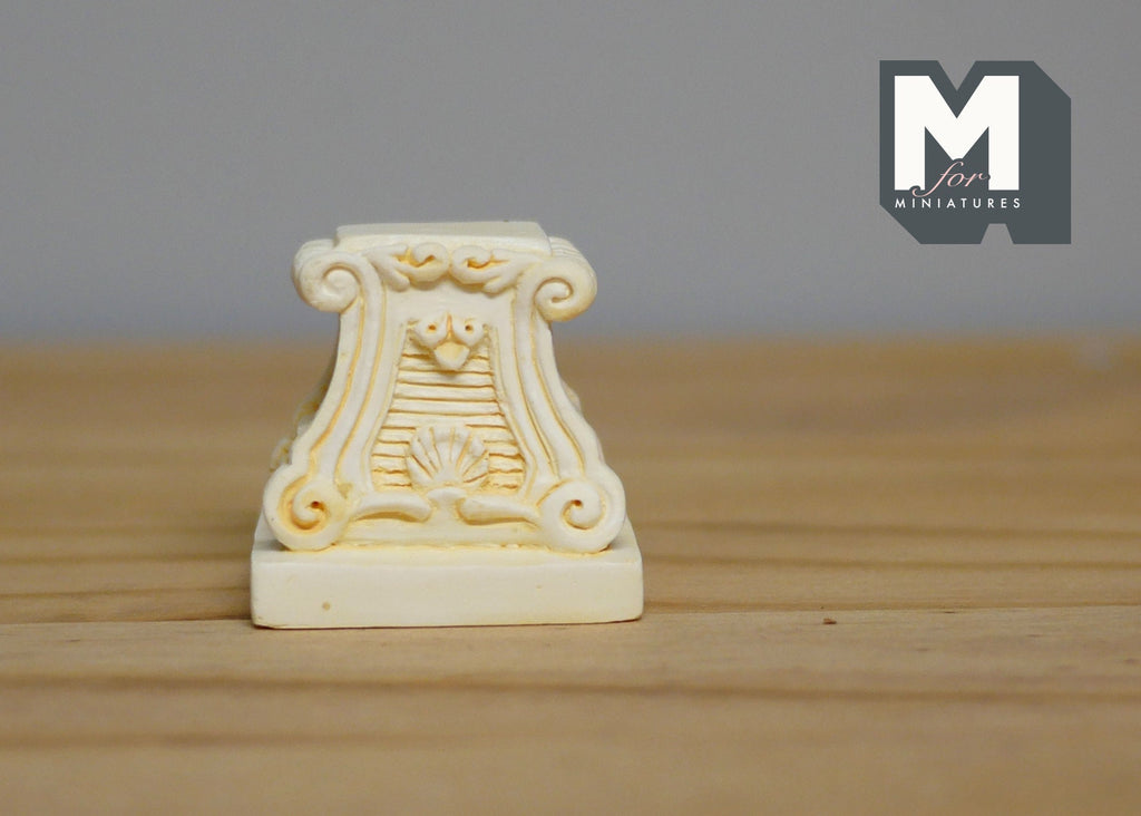 1:12 Scale Miniature Ornate Pedestal Base, Carved Scroll Relief, 1-5/16 inch tall, DIY Dollhouse Supply (cast resin) (ivory)