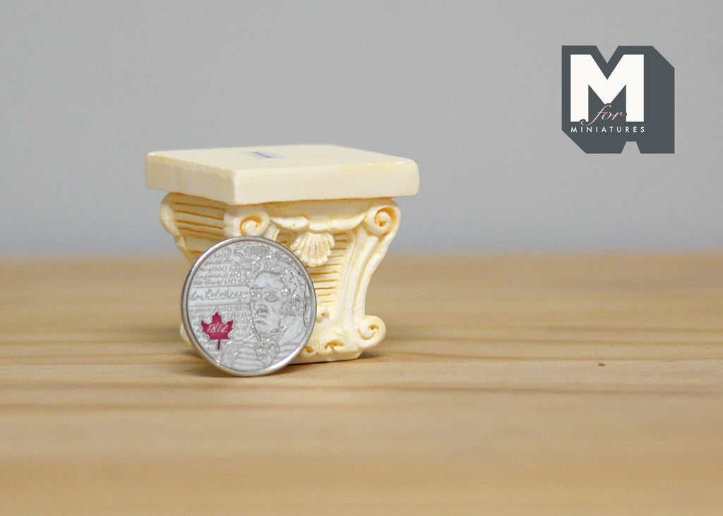 1:12 Scale Miniature Ornate Pedestal Base, Carved Scroll Relief, 1-5/16 inch tall, DIY Dollhouse Supply (cast resin) (ivory)