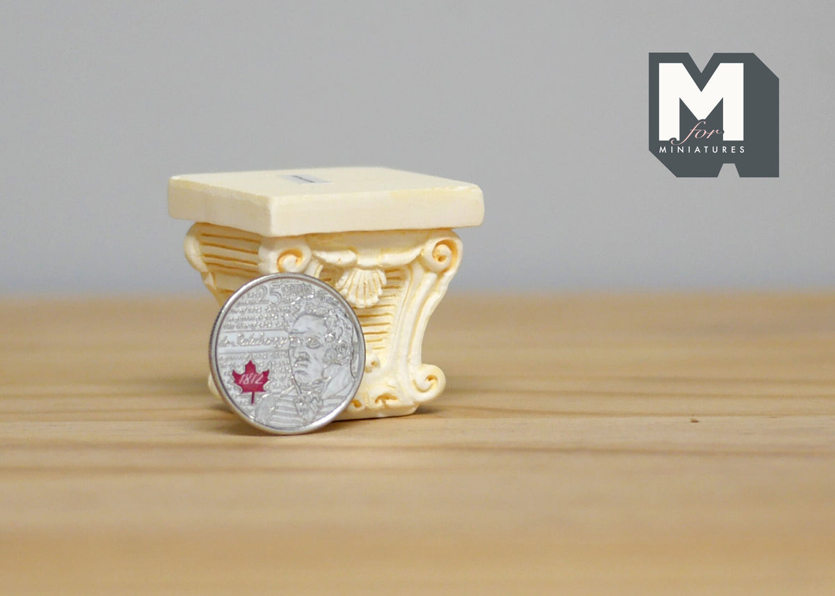 1:12 Scale Miniature Ornate Pedestal Base, Carved Scroll Relief, 1-5/16 inch tall, DIY Dollhouse Supply (cast resin) (ivory)