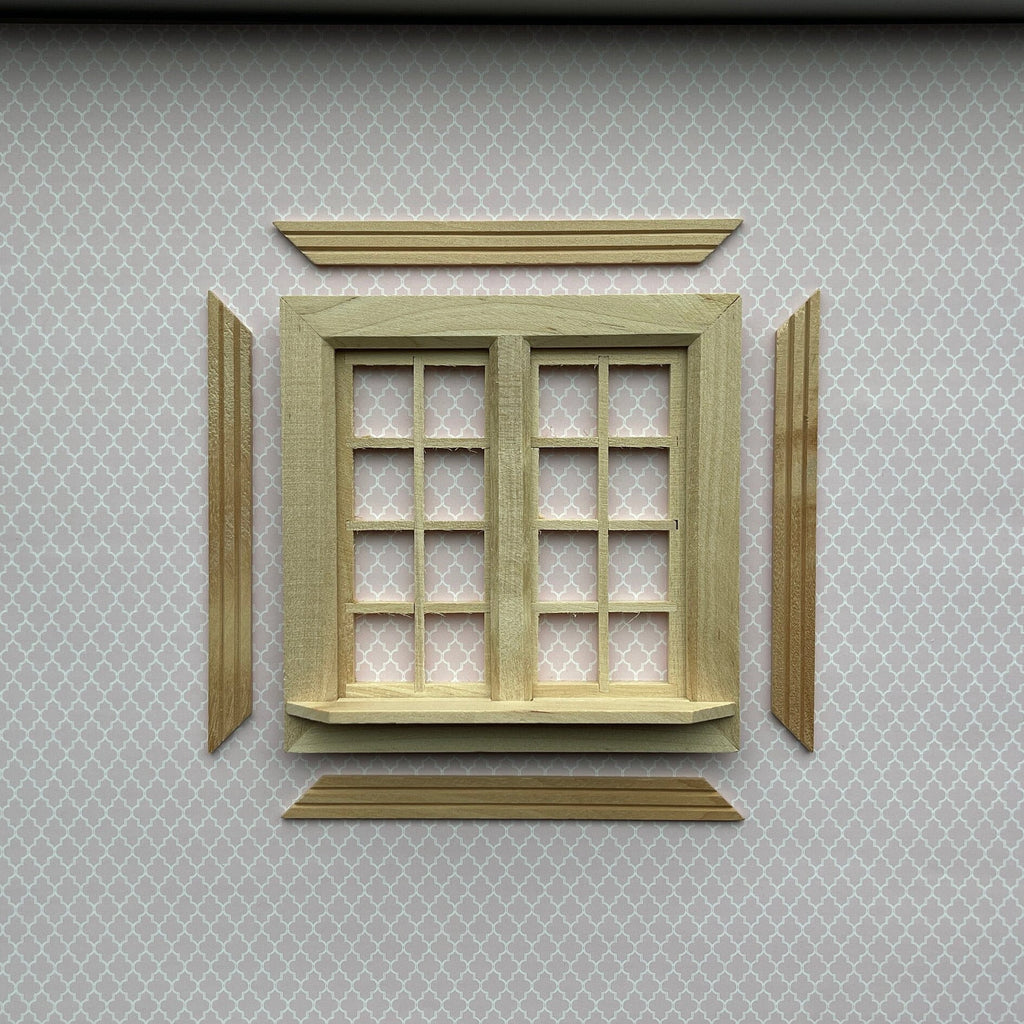 1:12 Scale Miniature Double Swing In 8 Pane Window, 4-11/16 inch high Dollhouse Supply (with back trim)
