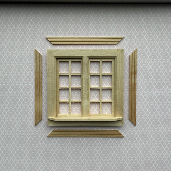 Unfinished Dollhouse Double Swing In Window with Pane (with Back Trim)