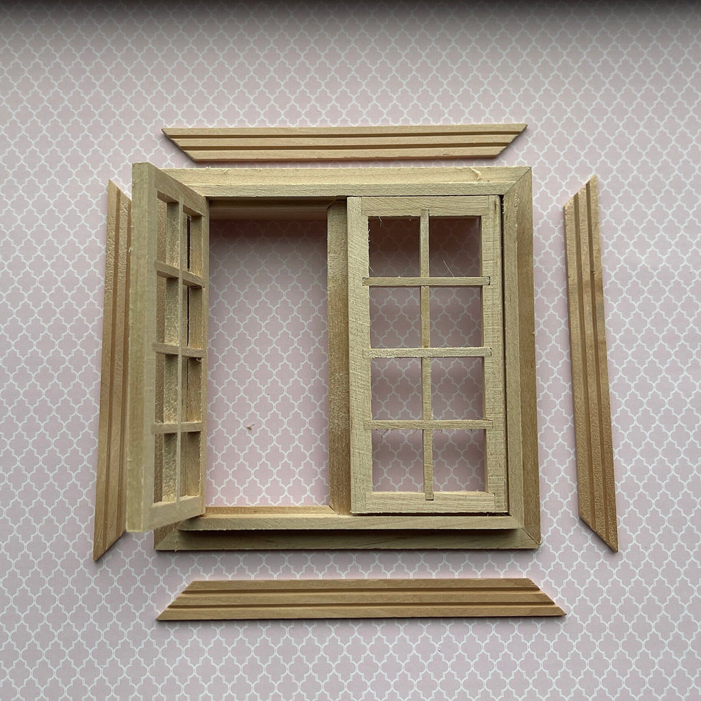 1:12 Scale Miniature Double Swing In 8 Pane Window, 4-11/16 inch high Dollhouse Supply (with back trim)