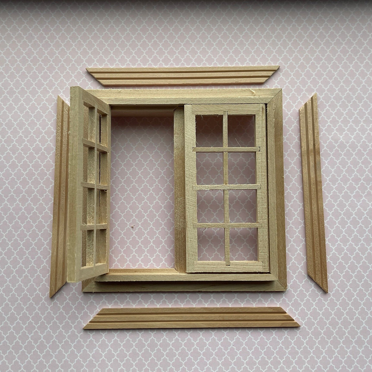 1:12 Scale Miniature Double Swing In 8 Pane Window, 4-11/16 inch high Dollhouse Supply (with back trim)