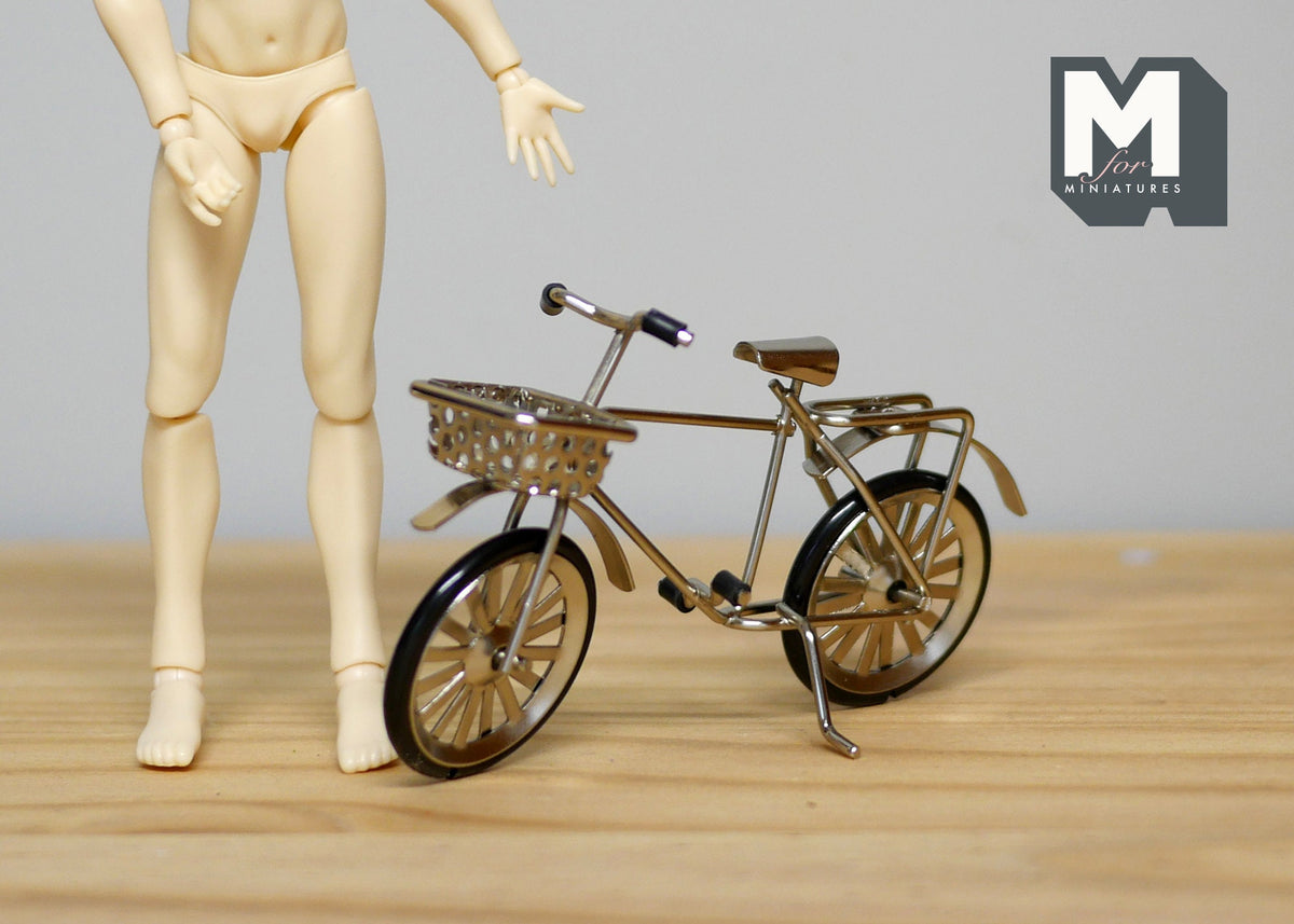1:12 Scale Miniature Kid's Bike with Front Basket, 3-3/4 inch long, DIY Dollhouse Supply (metal) (antique bronze)