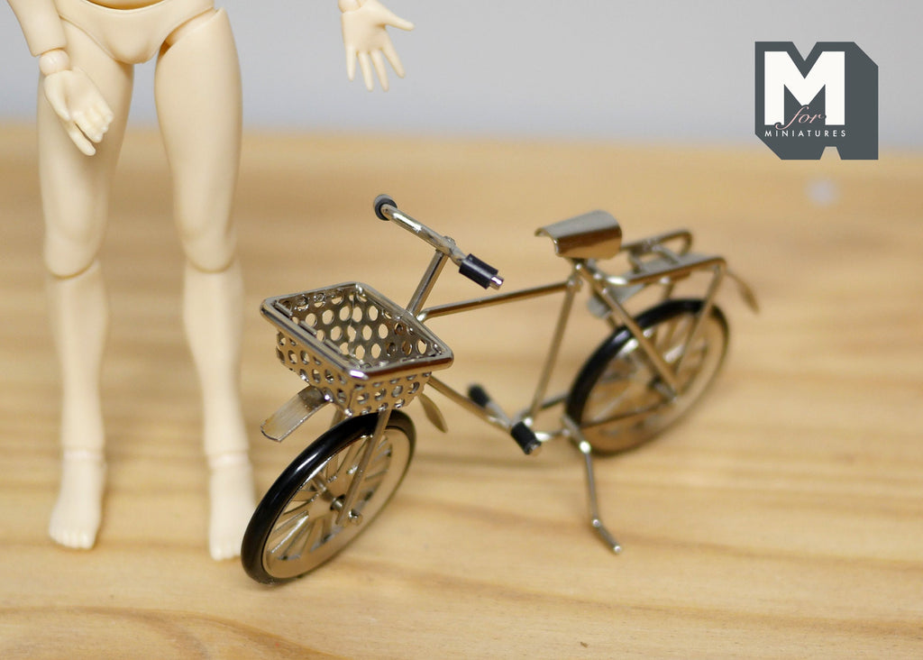 1:12 Scale Miniature Kid's Bike with Front Basket, 3-3/4 inch long, DIY Dollhouse Supply (metal) (antique bronze)