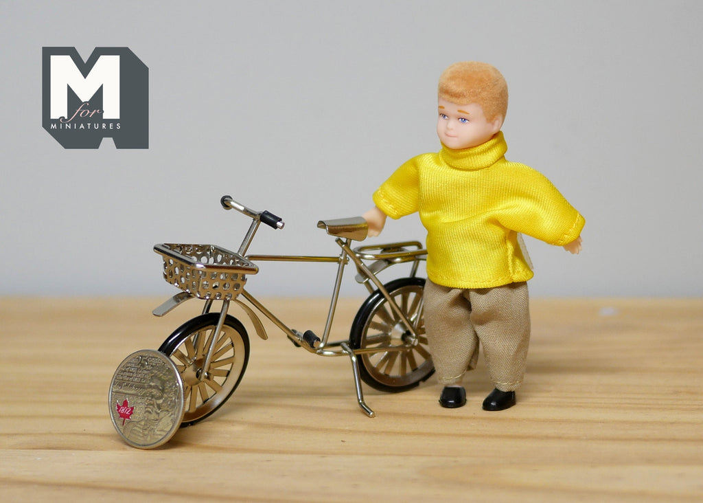 1:12 Scale Miniature Kid's Bike with Front Basket, 3-3/4 inch long, DIY Dollhouse Supply (metal) (antique bronze)