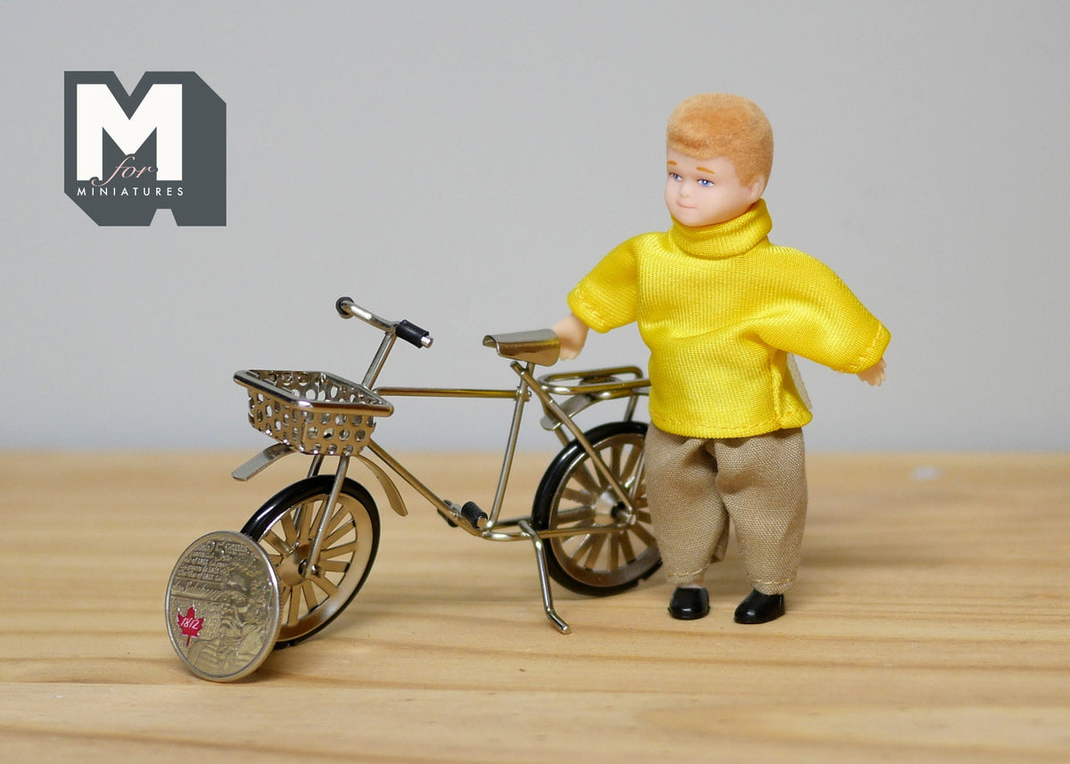 1:12 Scale Miniature Kid's Bike with Front Basket, 3-3/4 inch long, DIY Dollhouse Supply (metal) (antique bronze)