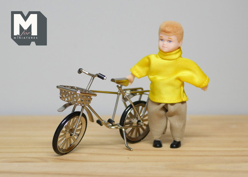 1:12 Scale Miniature Kid's Bike with Front Basket, 3-3/4 inch long, DIY Dollhouse Supply (metal) (antique bronze)