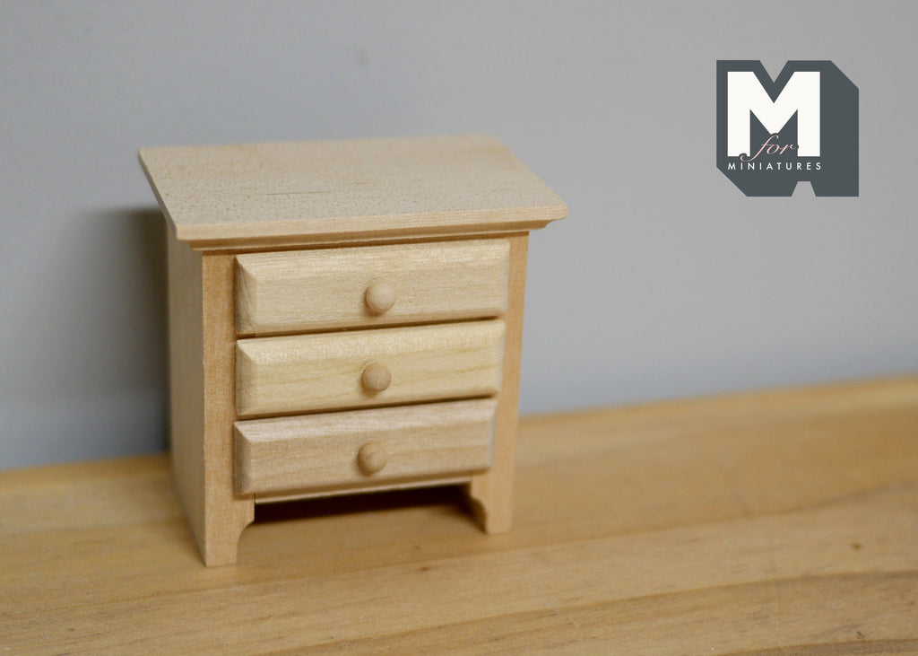 1:12 Scale Miniature Unpainted Wood Nightstand, 3 Drawers, 2-5/16 inch tall, DIY Dollhouse Supply