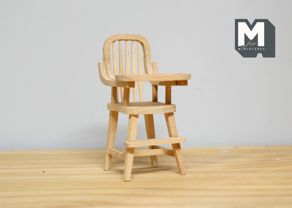 1:12 Scale Miniature Unpainted Wood High Chair with Tray, 3-7/16 inch tall, DIY Dollhouse Supply