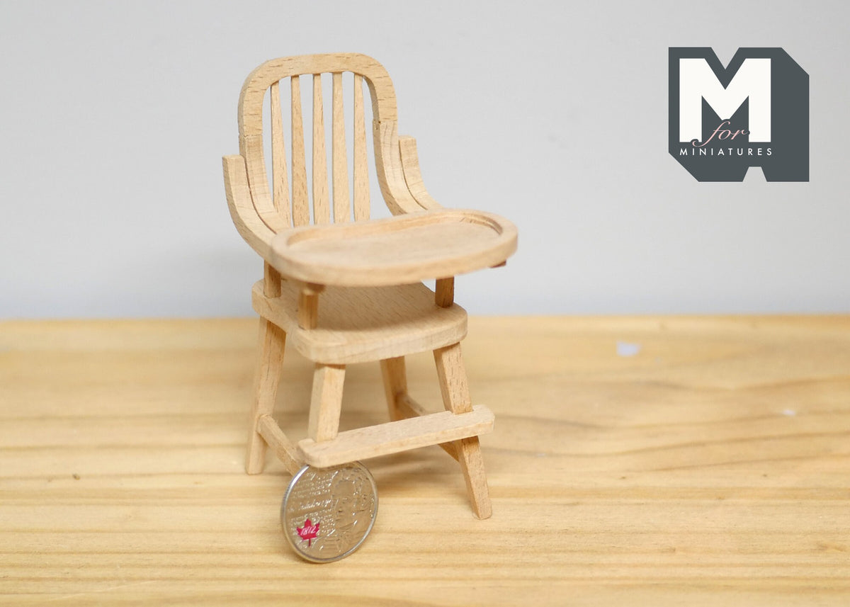 1:12 Scale Miniature Unpainted Wood High Chair with Tray, 3-7/16 inch tall, DIY Dollhouse Supply