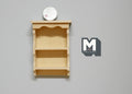 1:12 scale miniature unpainted wood kitchen wall shelf with 2 shelves and scalloped top, shown with a coin for scale