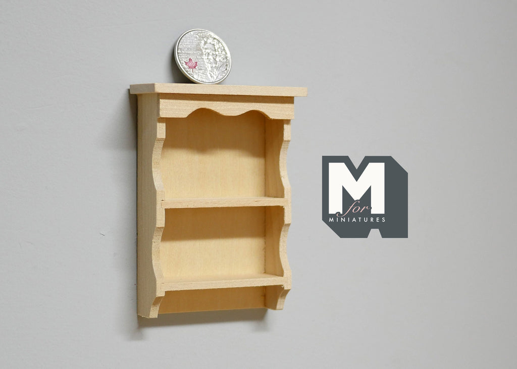 1:12 Scale Miniature Unpainted Wood Kitchen Wall Shelf, 2 Shelves, Scalloped Top, 3-7/16 inch tall, DIY Dollhouse Supply