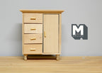 1:12 scale miniature unpainted wood dresser with 4 drawers and 1 door, shown on a wood floor against a gray wall