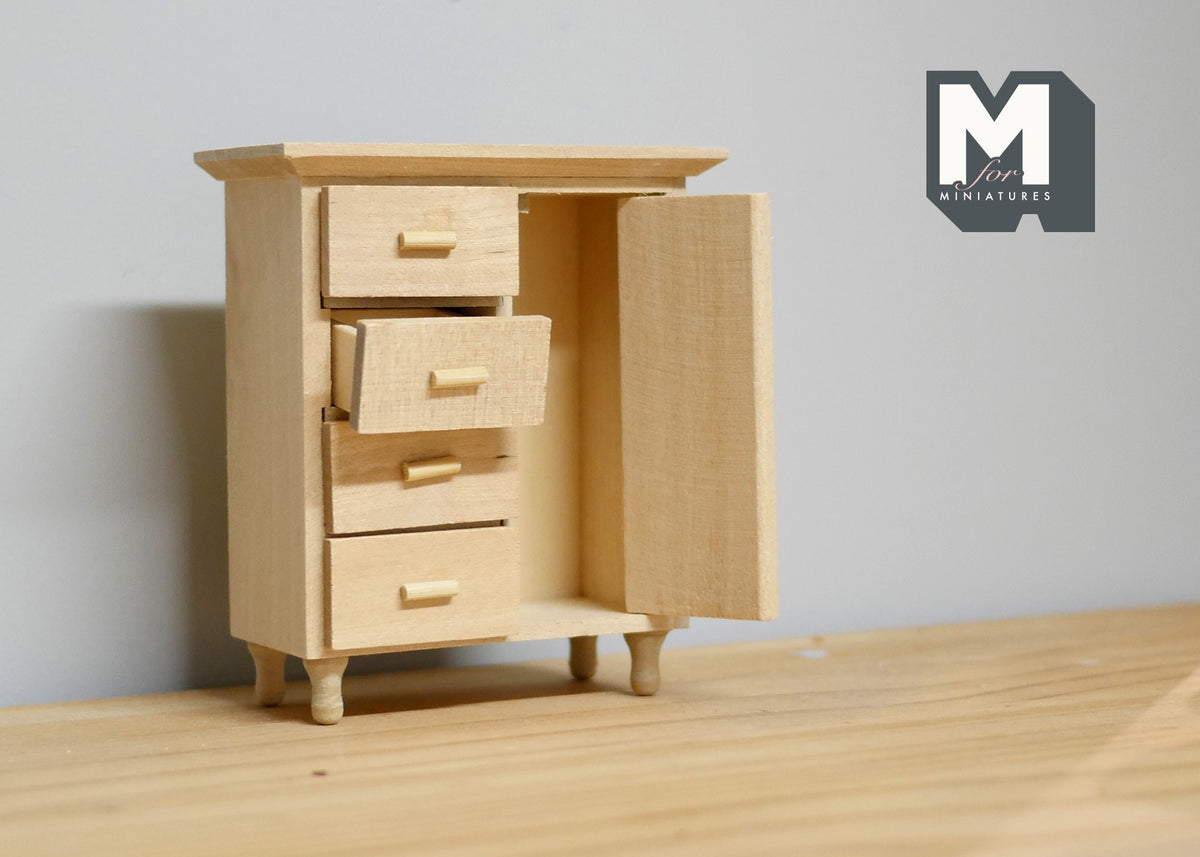 1:12 Scale Miniature Unpainted Wood Dresser, 4 Drawers and 1 Door, 3-11/16 inch tall, DIY Dollhouse Supply