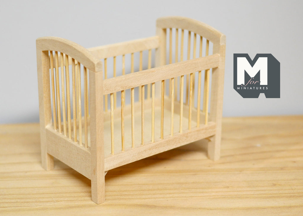 1:12 Scale Miniature Unpainted Wood Baby Crib, Spindle Sides, 4-7/16 inch long, DIY Dollhouse Supply