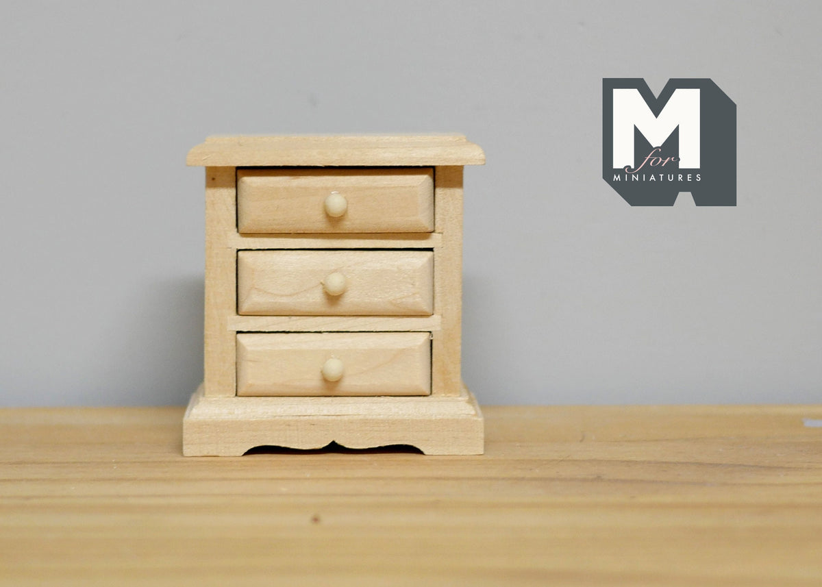 1:12 Scale Miniature Unpainted Wood Nightstand, 3 Drawers, Scalloped Top, 2-5/16 inch tall, DIY Dollhouse Supply
