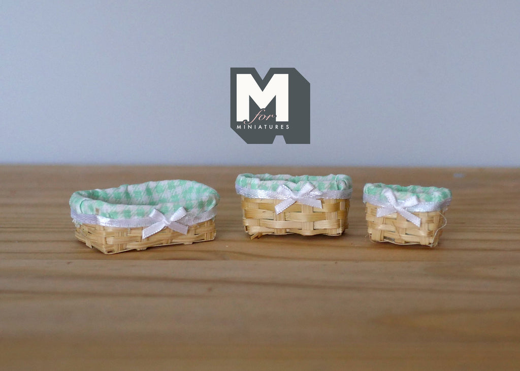 1:12 Scale Miniature Bamboo Bread Baskets with Gingham Lining, Set of 3, 2-3/16 inch long, DIY Dollhouse Supply (mint green)
