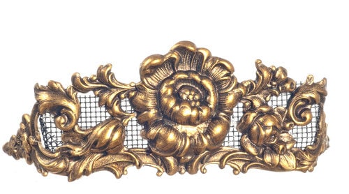 1:12 scale miniature metal fireplace screen in gold with scroll and rose filigree over mesh, on a white background