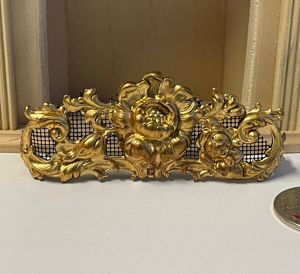 1:12 Scale Miniature Metal Fireplace Screen, Scroll and Rose Filigree, 2-7/8 inch wide, DIY Dollhouse Supply (gold)