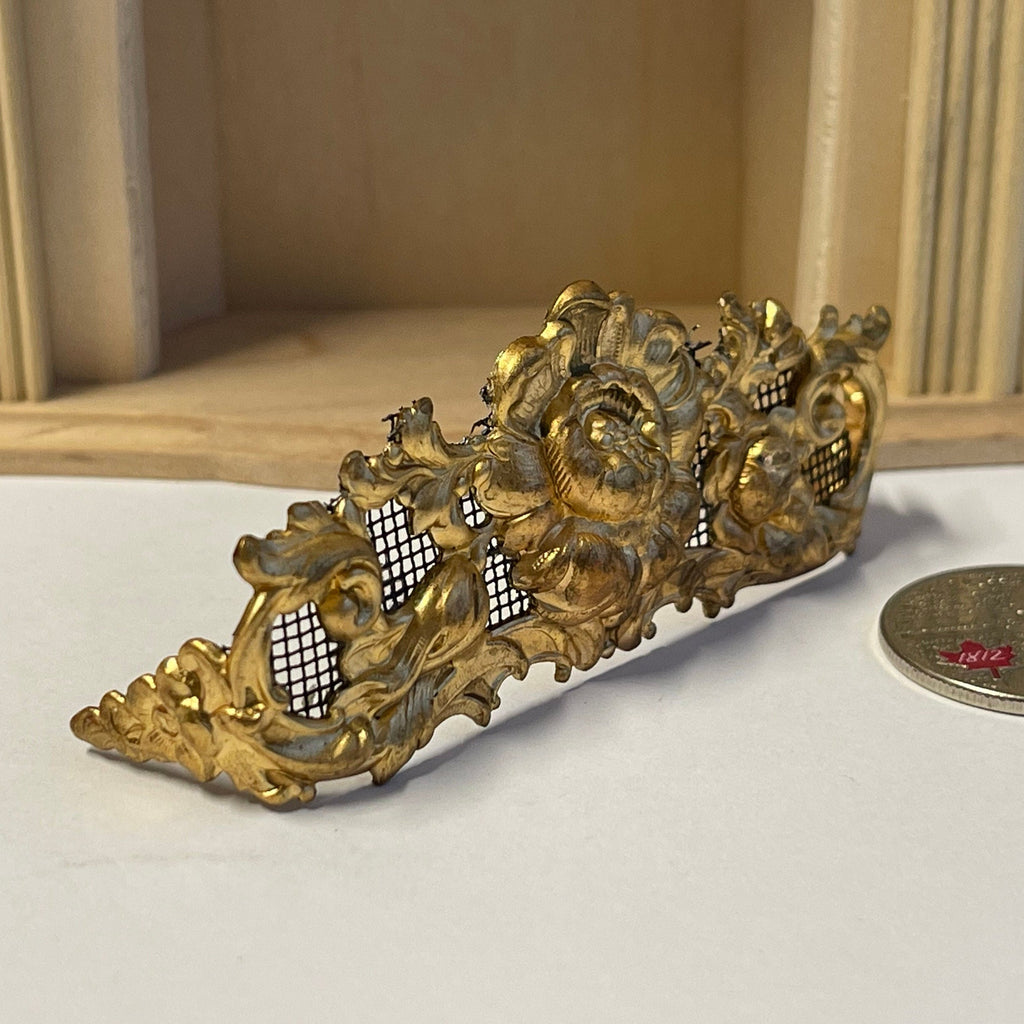 1:12 Scale Miniature Metal Fireplace Screen, Scroll and Rose Filigree, 2-7/8 inch wide, DIY Dollhouse Supply (gold)