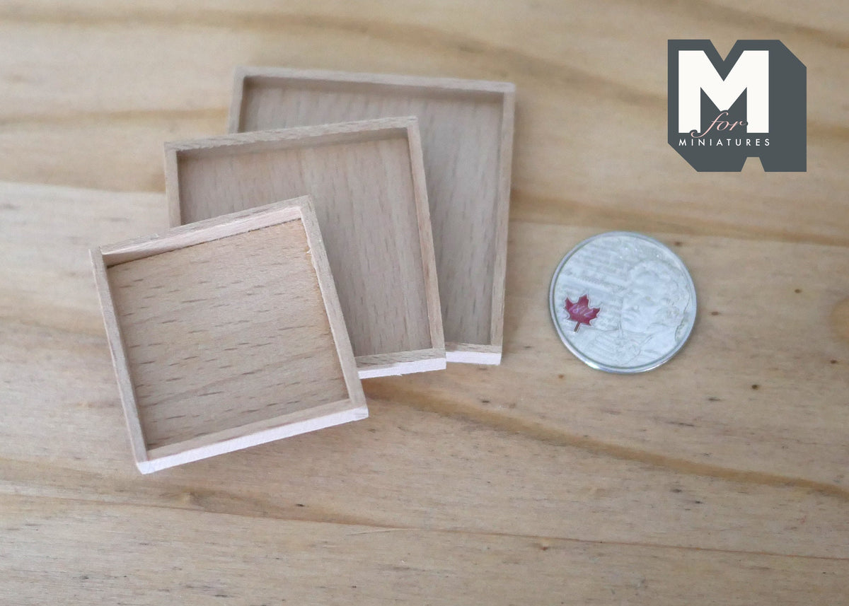 1:12 Scale Miniature Dollhouse Unpainted Wood Square Nesting Trays, Set of 3, 1-3/4 inch square