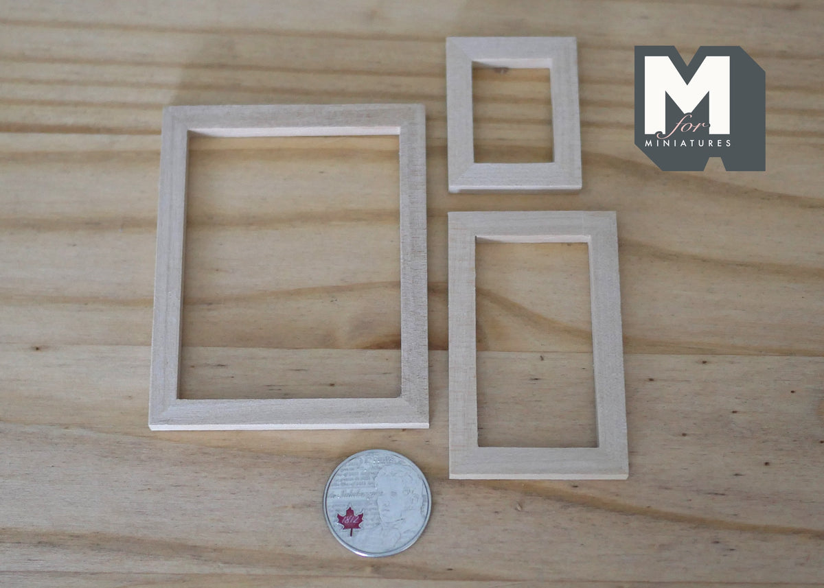 1:12 Scale Miniature Unpainted Wood Picture Frames, Set of 3, 3 inch tall, DIY Dollhouse Supply