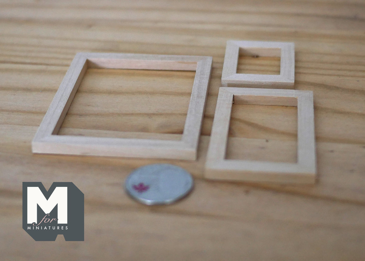 1:12 Scale Miniature Unpainted Wood Picture Frames, Set of 3, 3 inch tall, DIY Dollhouse Supply