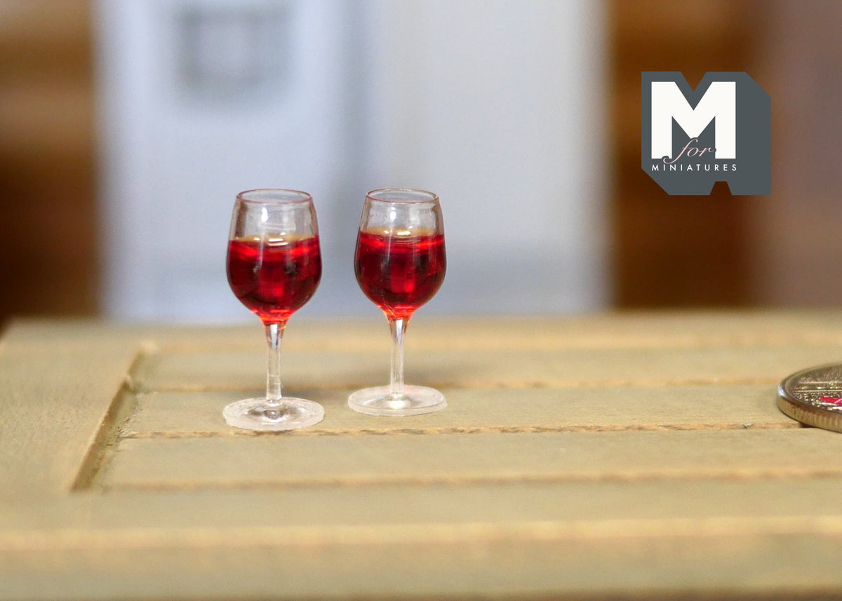 1:12 Scale Miniature Red Wine Glasses, Set of 2, 3/4 inch tall, DIY Dollhouse Supply (E)