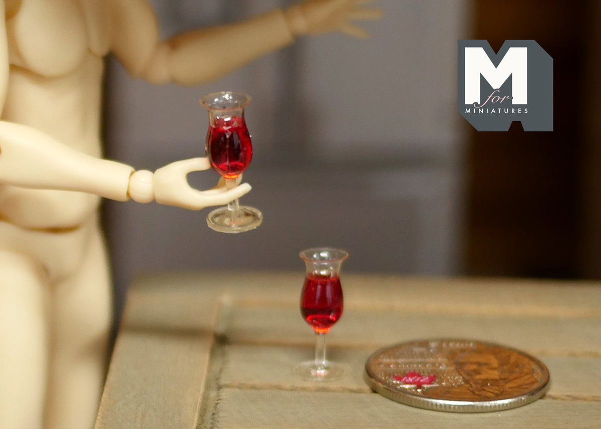 1:12 Scale Miniature Glasses of Red Wine, Set of 2, 11/16 inch tall, DIY Dollhouse Supply (C)