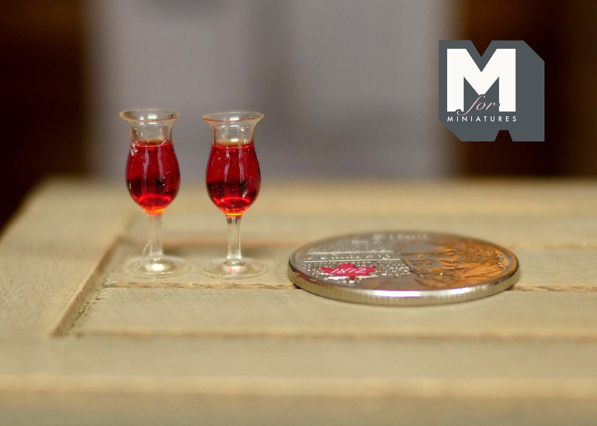 1:12 Scale Miniature Glasses of Red Wine, Set of 2, 11/16 inch tall, DIY Dollhouse Supply (C)