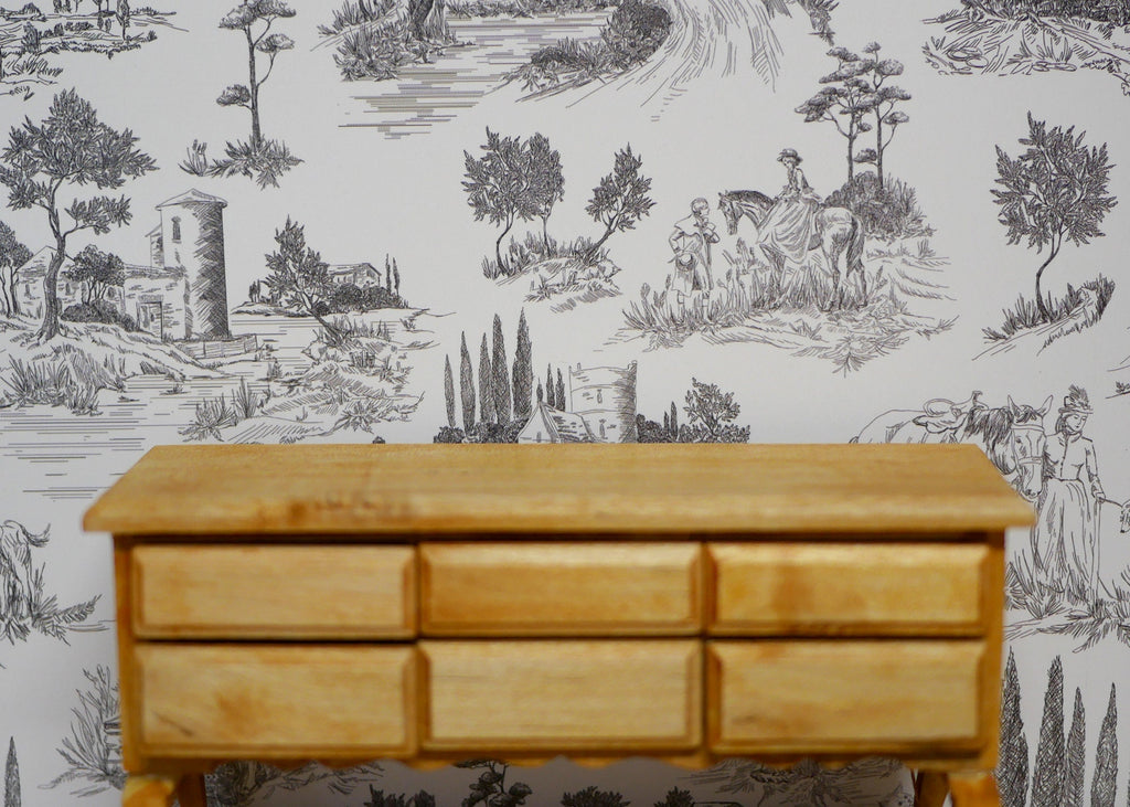 1:12 Scale Miniature Toile Peel and Stick Wallpaper, Pastoral Scenes, 8 x 11 inch, DIY Dollhouse Supply (gray)